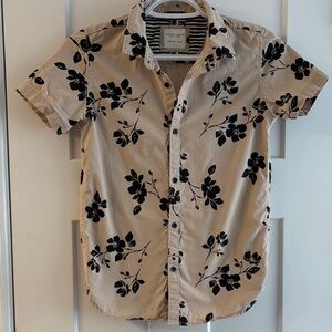 Boys Denim & Flower Beige Short-Sleeve Button-Down with Black Floral Print